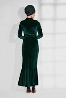 Tesettür giyim YEŞİL GÜPÜR DETAYLI VOLANLI KADİFE ELBİSE 4706 
