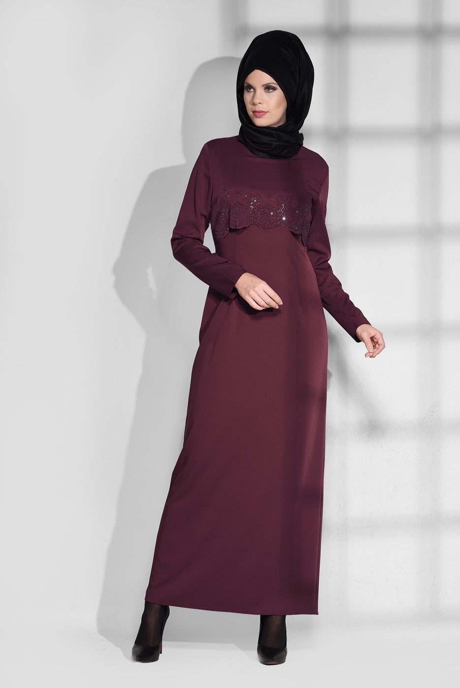 Tesettür giyim BORDO BİSİKLET YAKA ELBİSE 4733