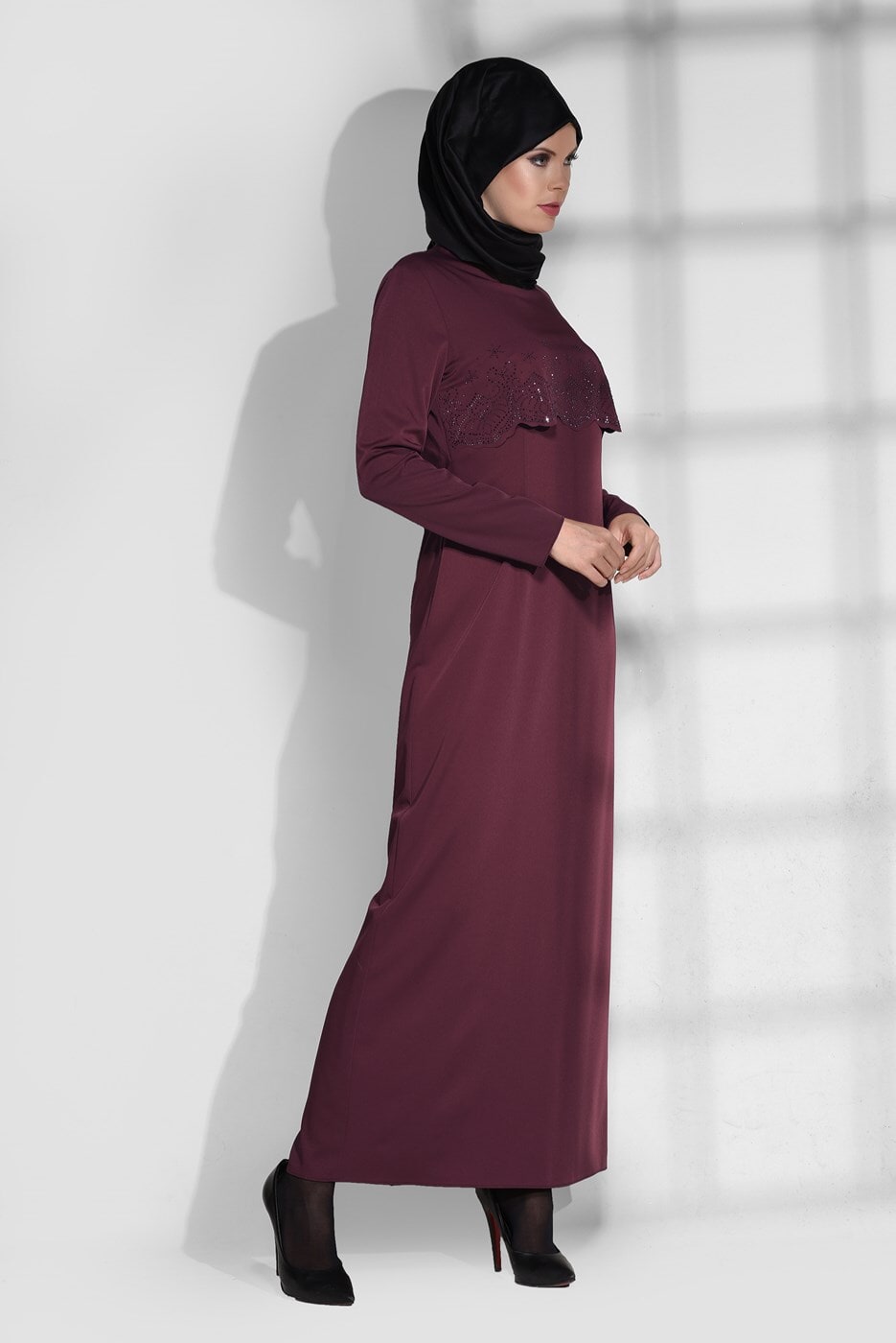Tesettür giyim BORDO BİSİKLET YAKA ELBİSE 4733