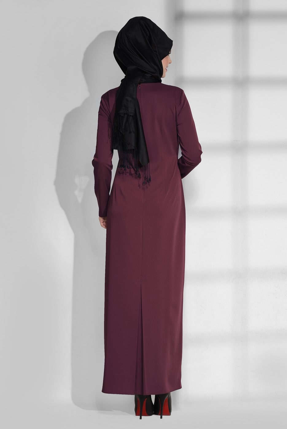 Tesettür giyim BORDO BİSİKLET YAKA ELBİSE 4733