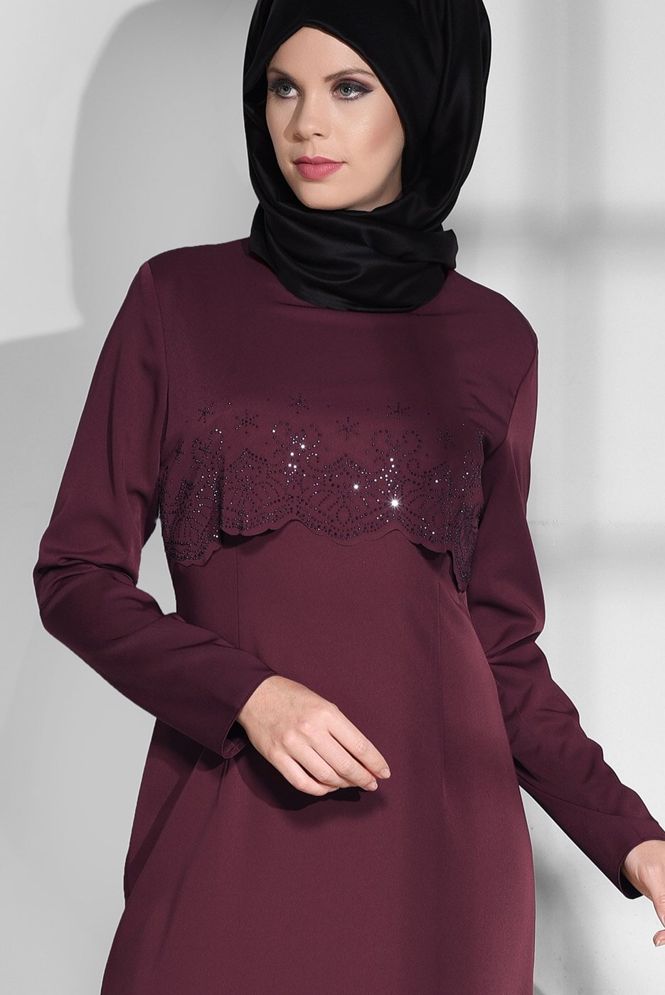 Tesettür giyim BORDO BİSİKLET YAKA ELBİSE 4733
