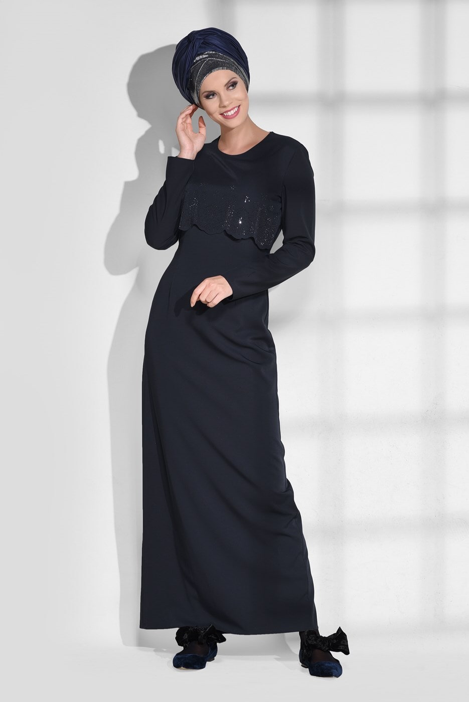 Tesettür giyim LACİVERT BİSİKLET YAKA ELBİSE 4733