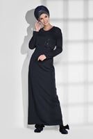 Tesettür giyim LACİVERT BİSİKLET YAKA ELBİSE 4733