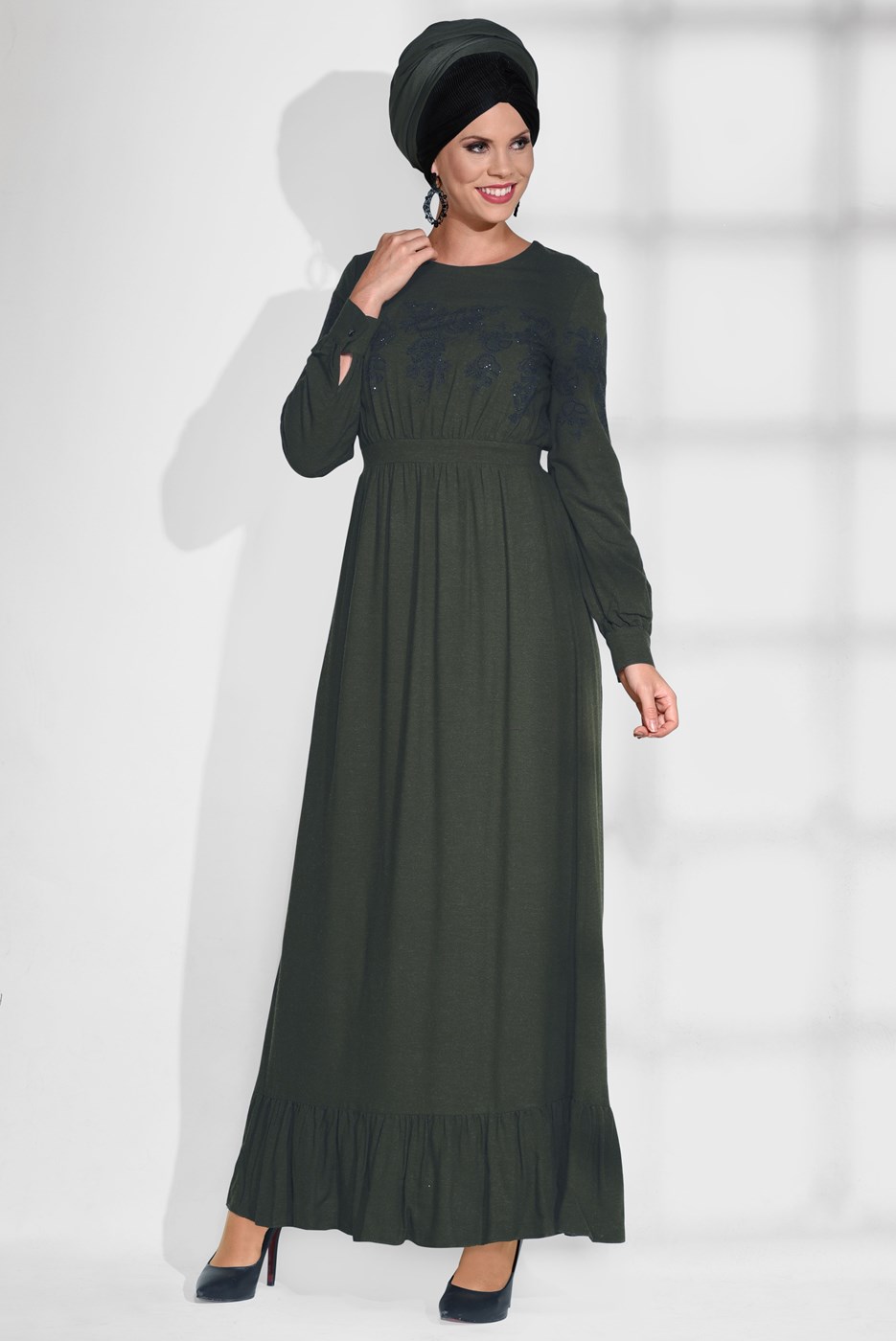 Tesettür giyim HAKİ TAŞ BASKILI ELBİSE 4779