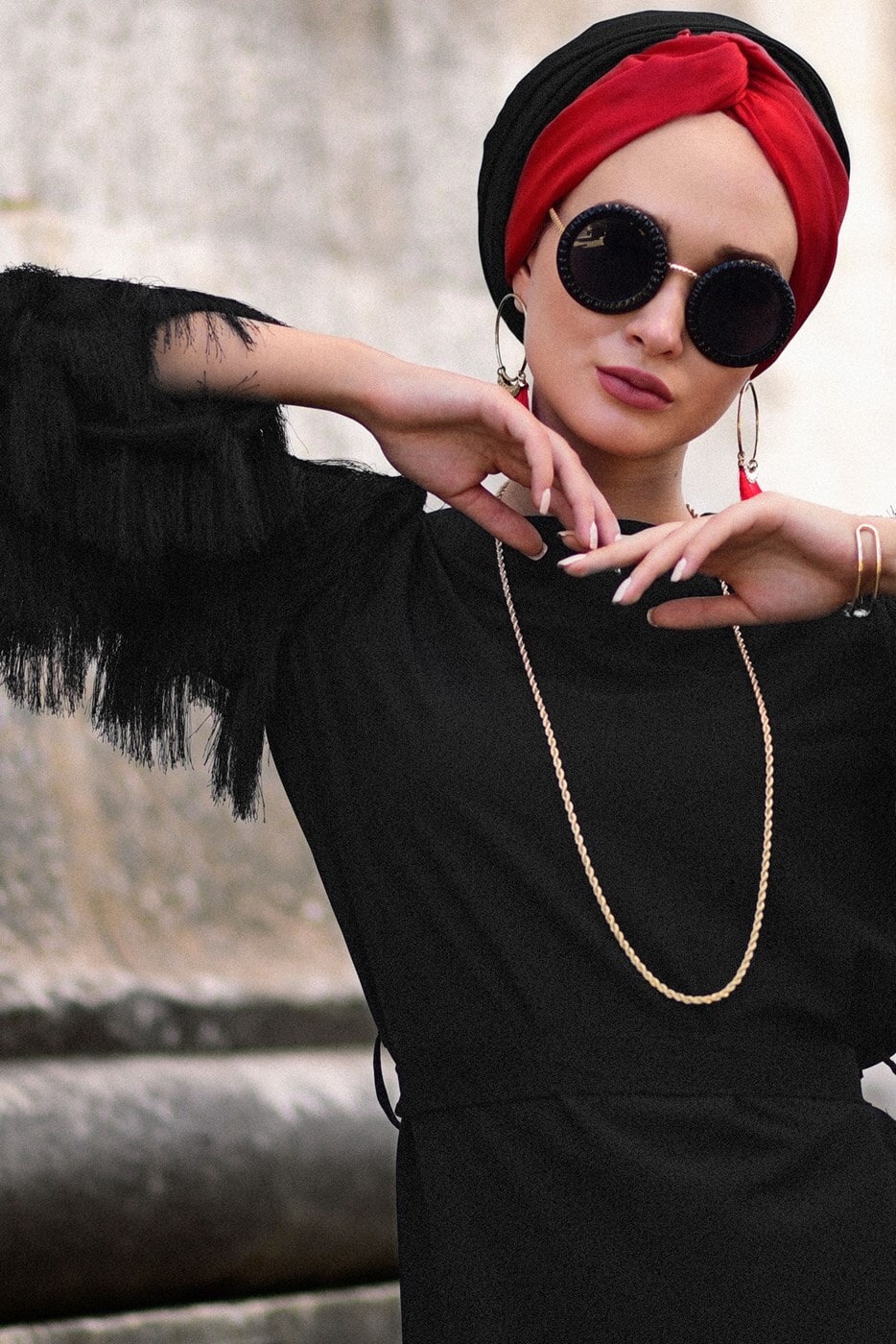 Hijab clothing BLACK TIE-FRONT FRINGED DRESS 4831 