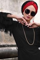 Hijab clothing BLACK TIE-FRONT FRINGED DRESS 4831 