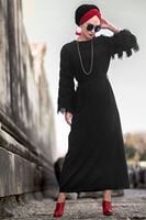 Hijab clothing BLACK TIE-FRONT FRINGED DRESS 4831 