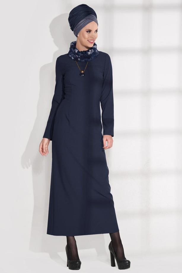 Tesettür giyim  KÜRK YAKALI DAR ELBİSE 4846  - TRENDTESETTÜR