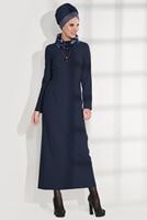 Tesettür giyim LACİVERT KÜRK YAKALI DAR ELBİSE 4846 
