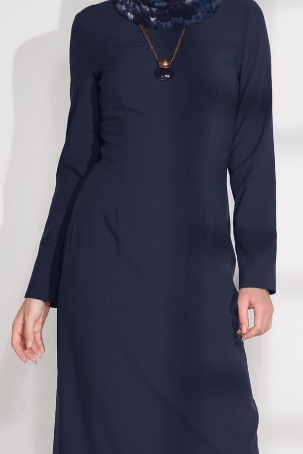 Tesettür giyim  KÜRK YAKALI DAR ELBİSE 4846  - TRENDTESETTÜR