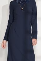 Tesettür giyim LACİVERT KÜRK YAKALI DAR ELBİSE 4846 