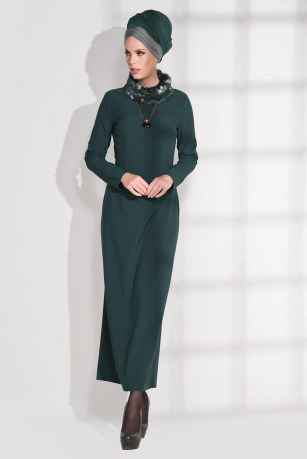 Tesettür giyim  KÜRK YAKALI DAR ELBİSE 4846  - TRENDTESETTÜR