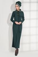 Tesettür giyim MAVİ KÜRK YAKALI DAR ELBİSE 4846 