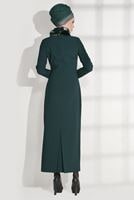 Tesettür giyim MAVİ KÜRK YAKALI DAR ELBİSE 4846 