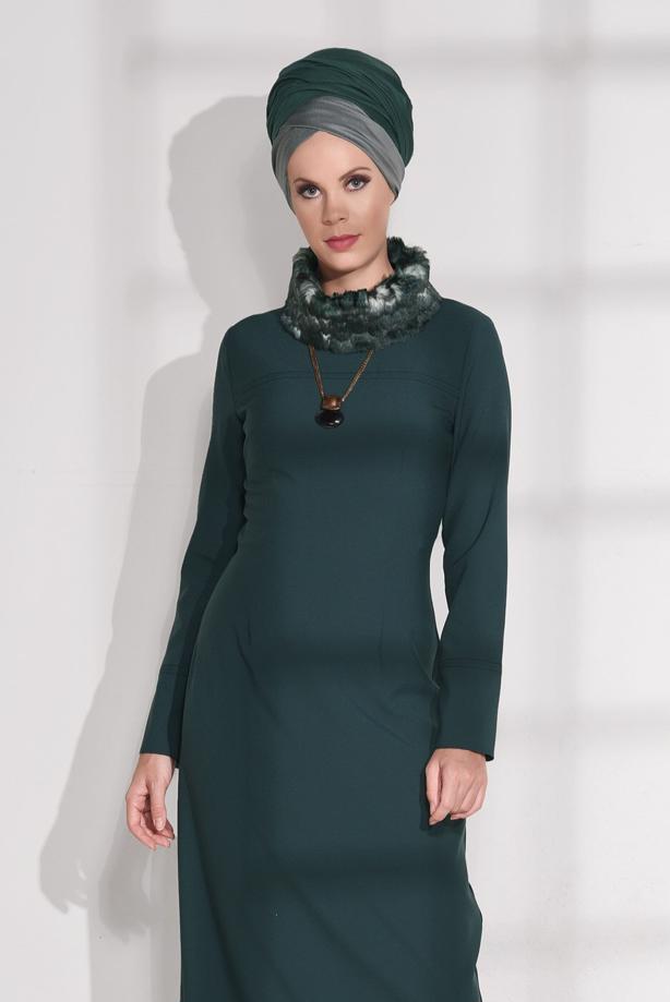 Tesettür giyim  KÜRK YAKALI DAR ELBİSE 4846  - TRENDTESETTÜR