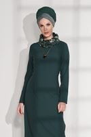 Tesettür giyim MAVİ KÜRK YAKALI DAR ELBİSE 4846 