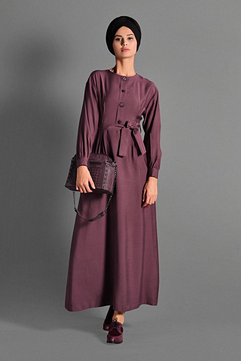 Tesettür giyim MÜRDÜM  DÜĞME DETAYLI ELBİSE 6244