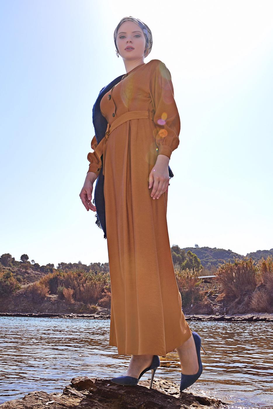 Tesettür giyim TURUNCU  DÜĞME DETAYLI ELBİSE 6244