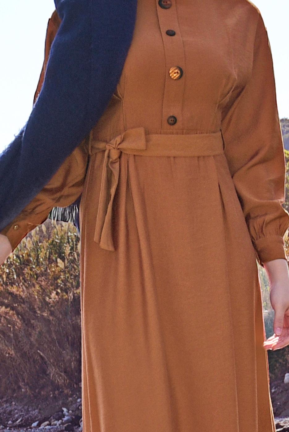 Tesettür giyim TURUNCU  DÜĞME DETAYLI ELBİSE 6244