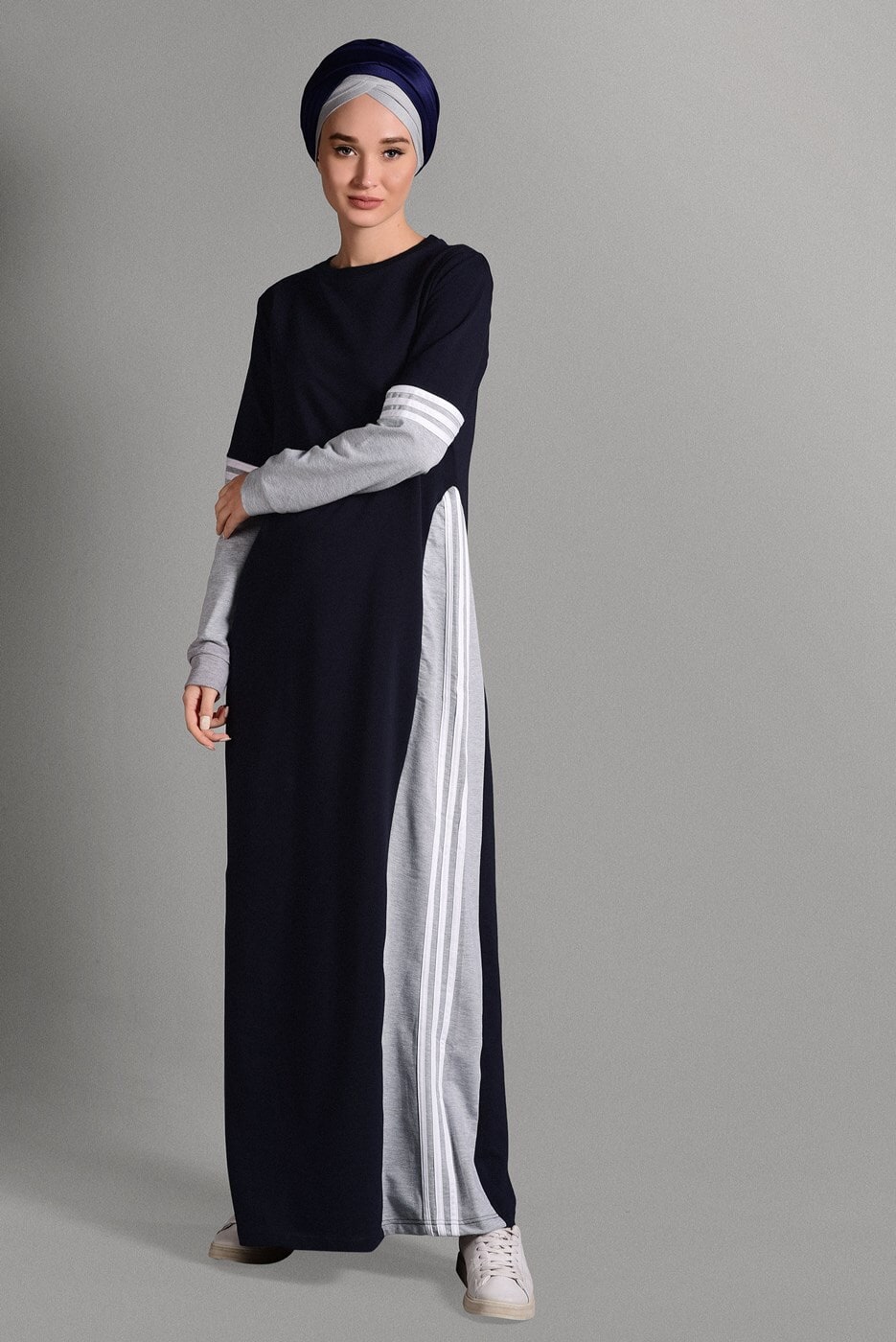 Tesettür giyim LACİVERT ÇİZGİ DETAYLI EŞOFMAN ELBİSE 7128 