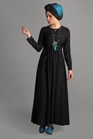 Tesettür giyim SİYAH CEPLİ BELİ BAĞCIKLI ELBİSE 8244 