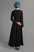Tesettür giyim SİYAH CEPLİ BELİ BAĞCIKLI ELBİSE 8244 