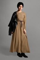 Tesettür giyim TURUNCU CEPLİ BELİ BAĞCIKLI ELBİSE 8244 