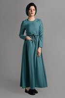 Tesettür giyim YEŞİL CEPLİ BELİ BAĞCIKLI ELBİSE 8244 