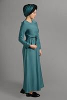 Tesettür giyim YEŞİL CEPLİ BELİ BAĞCIKLI ELBİSE 8244 