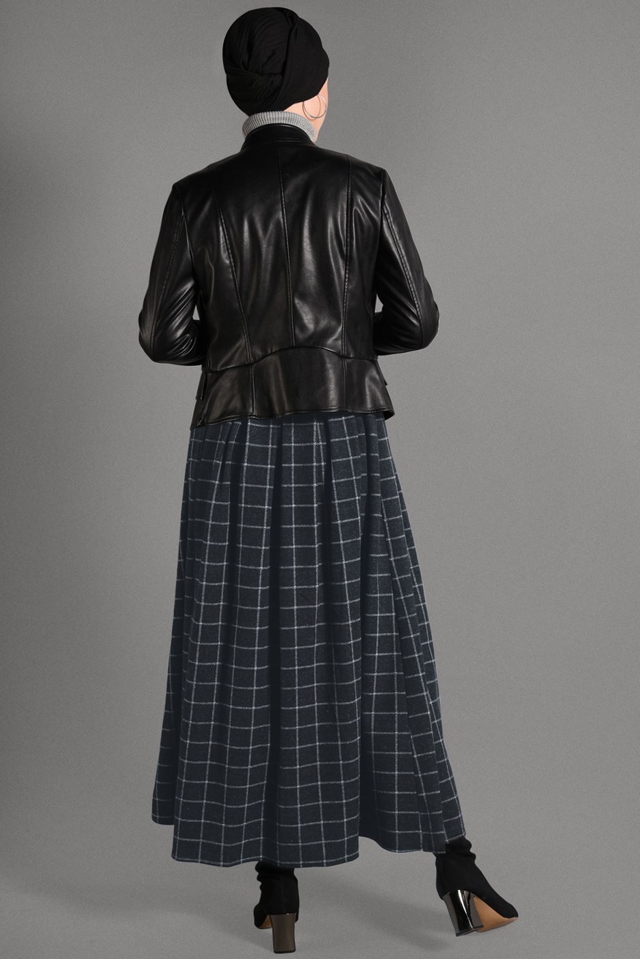 Tesettür giyim SİYAH EKOSE DESENLİ ETEK 008-1