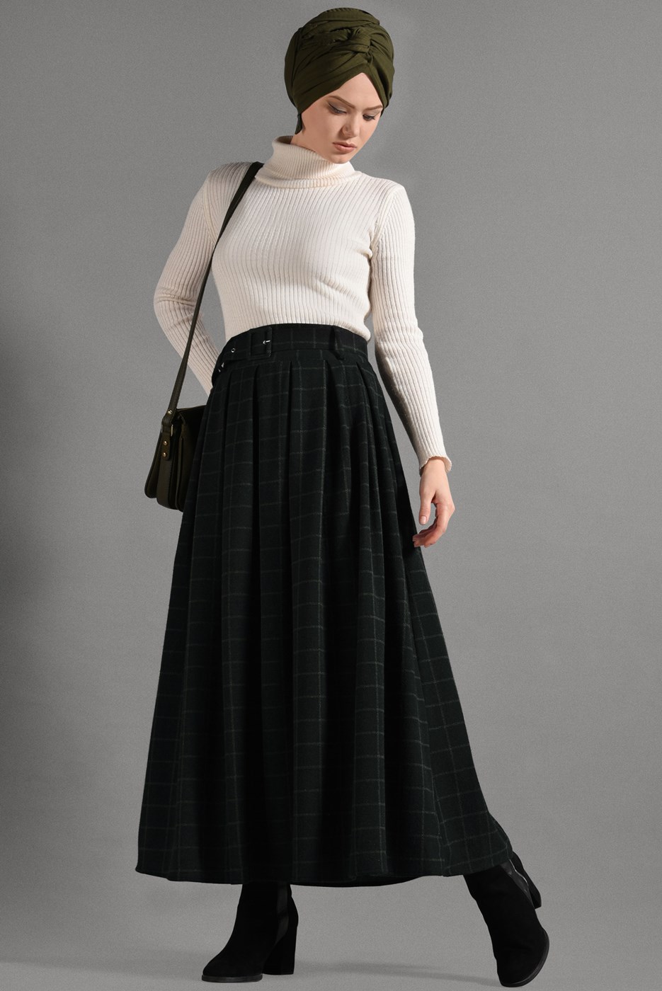 Tesettür giyim SİYAH EKOSE DESENLİ ETEK 008-1