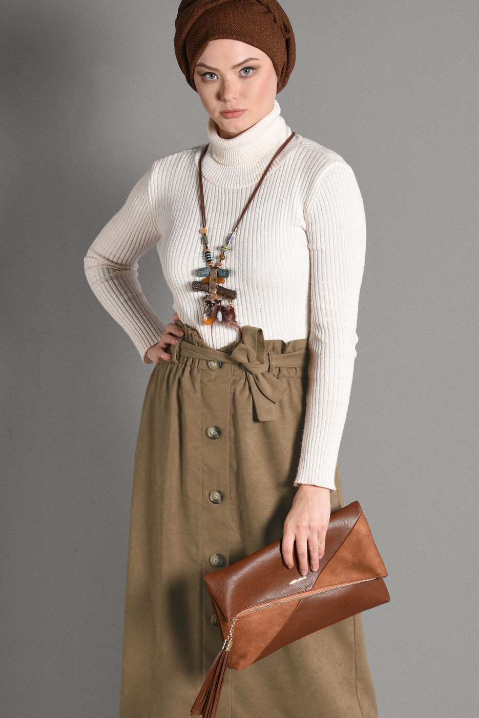 Tesettür giyim KAHVE BELİ KEMERLİ DÜĞME DETAYLI ETEK  518-1