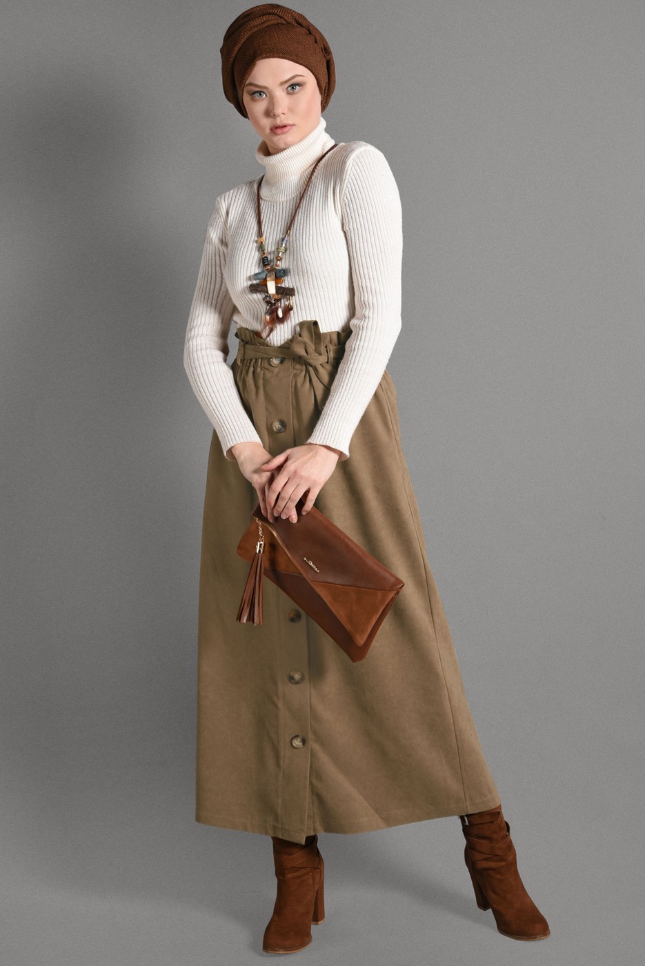 Tesettür giyim KAHVE BELİ KEMERLİ DÜĞME DETAYLI ETEK  518-1