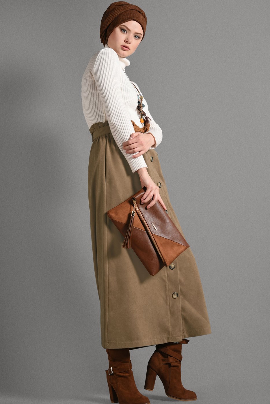 Tesettür giyim KAHVE BELİ KEMERLİ DÜĞME DETAYLI ETEK  518-1