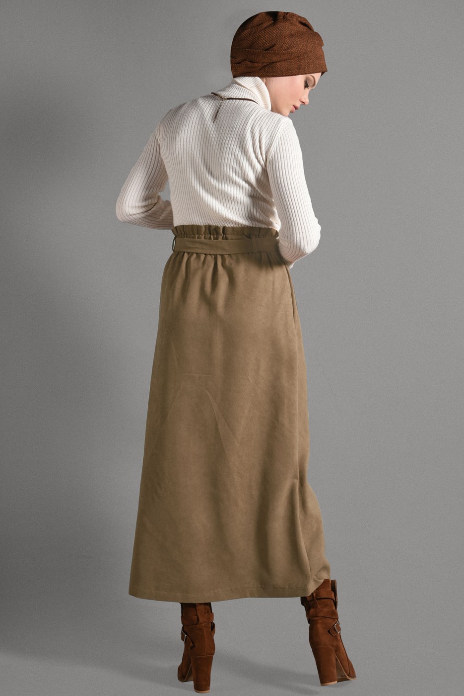 Tesettür giyim KAHVE BELİ KEMERLİ DÜĞME DETAYLI ETEK  518-1