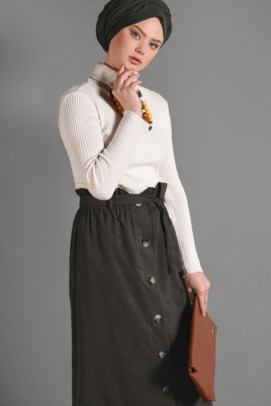 Tesettür giyim HAKİ BELİ KEMERLİ DÜĞME DETAYLI ETEK  518-1