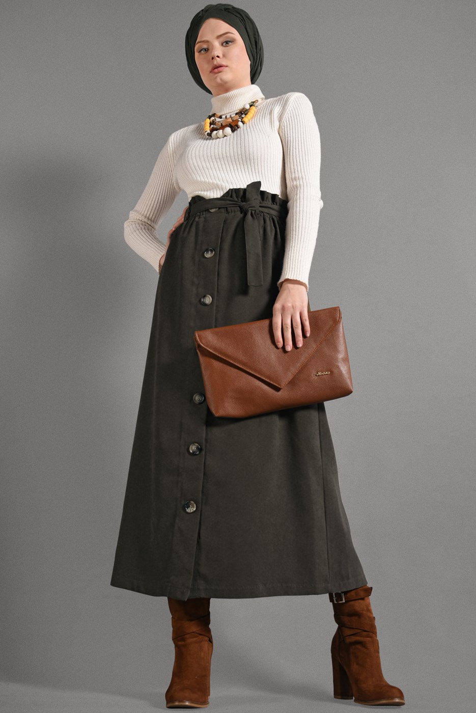 Tesettür giyim HAKİ BELİ KEMERLİ DÜĞME DETAYLI ETEK  518-1