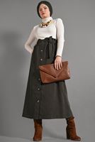 Tesettür giyim HAKİ BELİ KEMERLİ DÜĞME DETAYLI ETEK  518-1