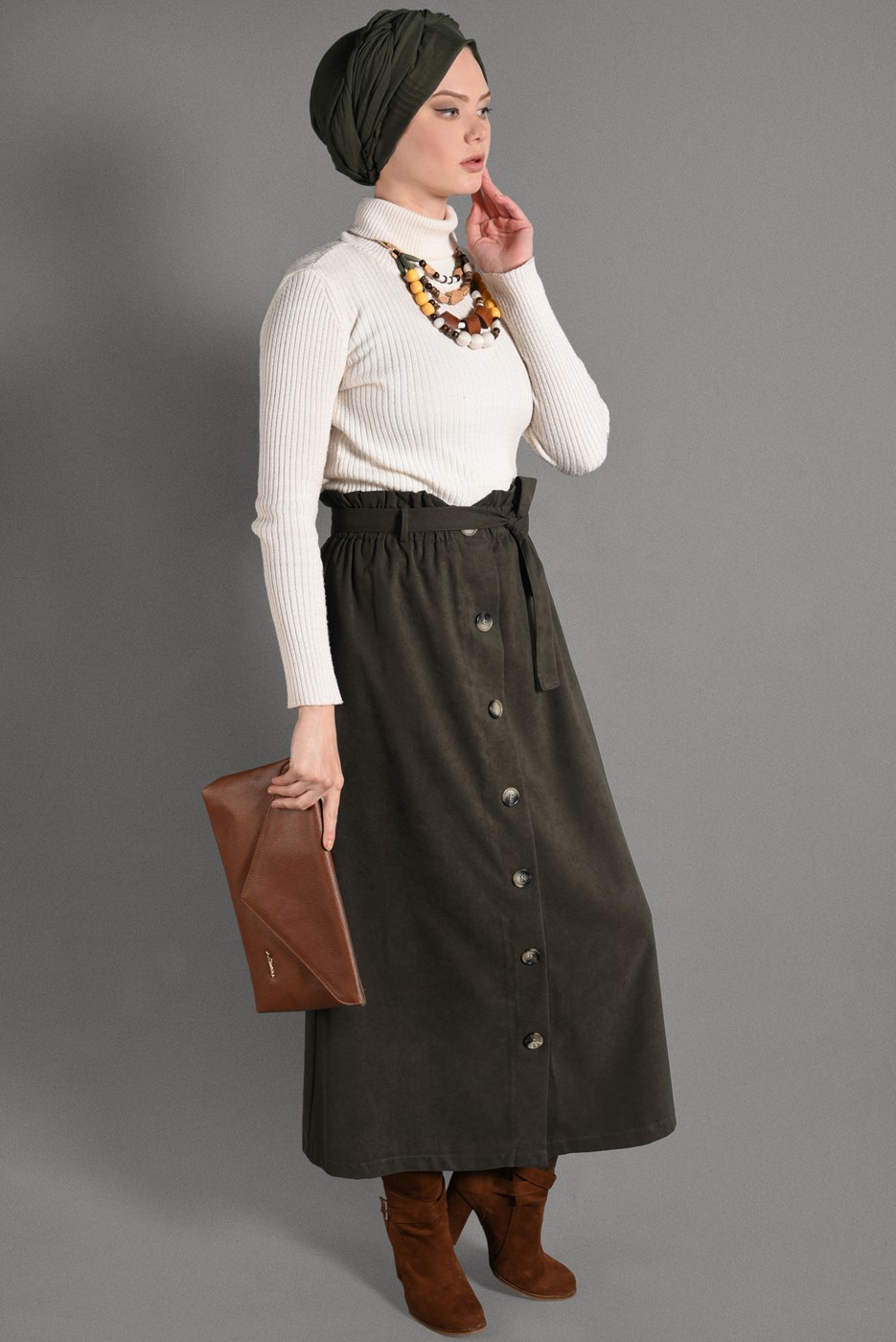 Tesettür giyim HAKİ BELİ KEMERLİ DÜĞME DETAYLI ETEK  518-1