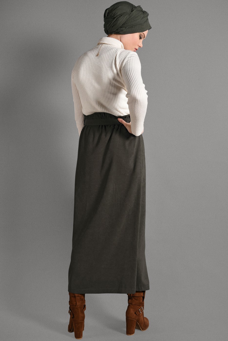 Tesettür giyim HAKİ BELİ KEMERLİ DÜĞME DETAYLI ETEK  518-1