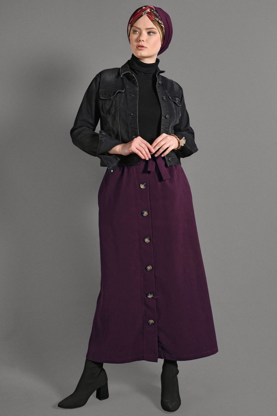 Tesettür giyim MÜRDÜM BELİ KEMERLİ DÜĞME DETAYLI ETEK  518-1