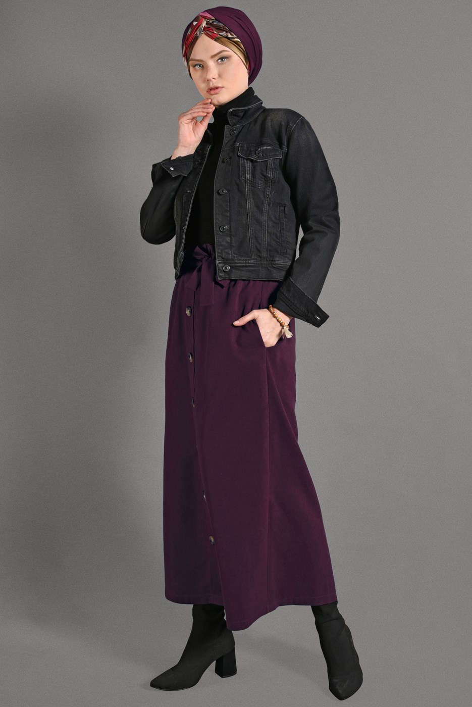 Tesettür giyim MÜRDÜM BELİ KEMERLİ DÜĞME DETAYLI ETEK  518-1