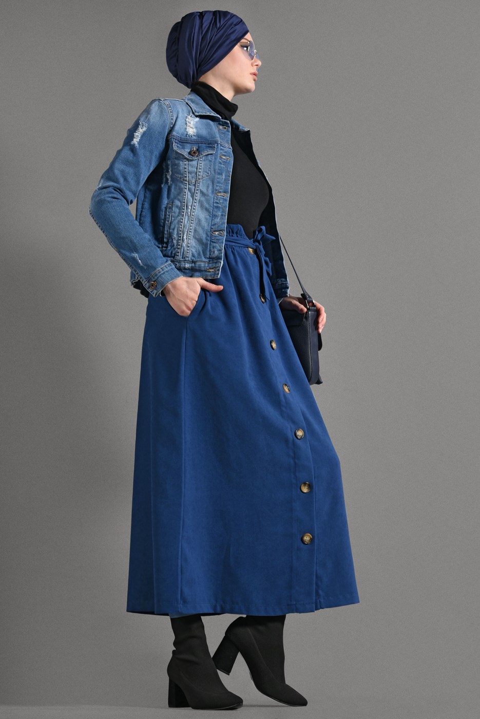 Tesettür giyim LACİVERT BELİ KEMERLİ DÜĞME DETAYLI ETEK  518-1