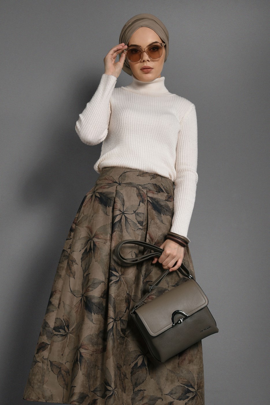 Tesettür giyim KAHVE YAPRAK DESENLİ ETEK 976-5