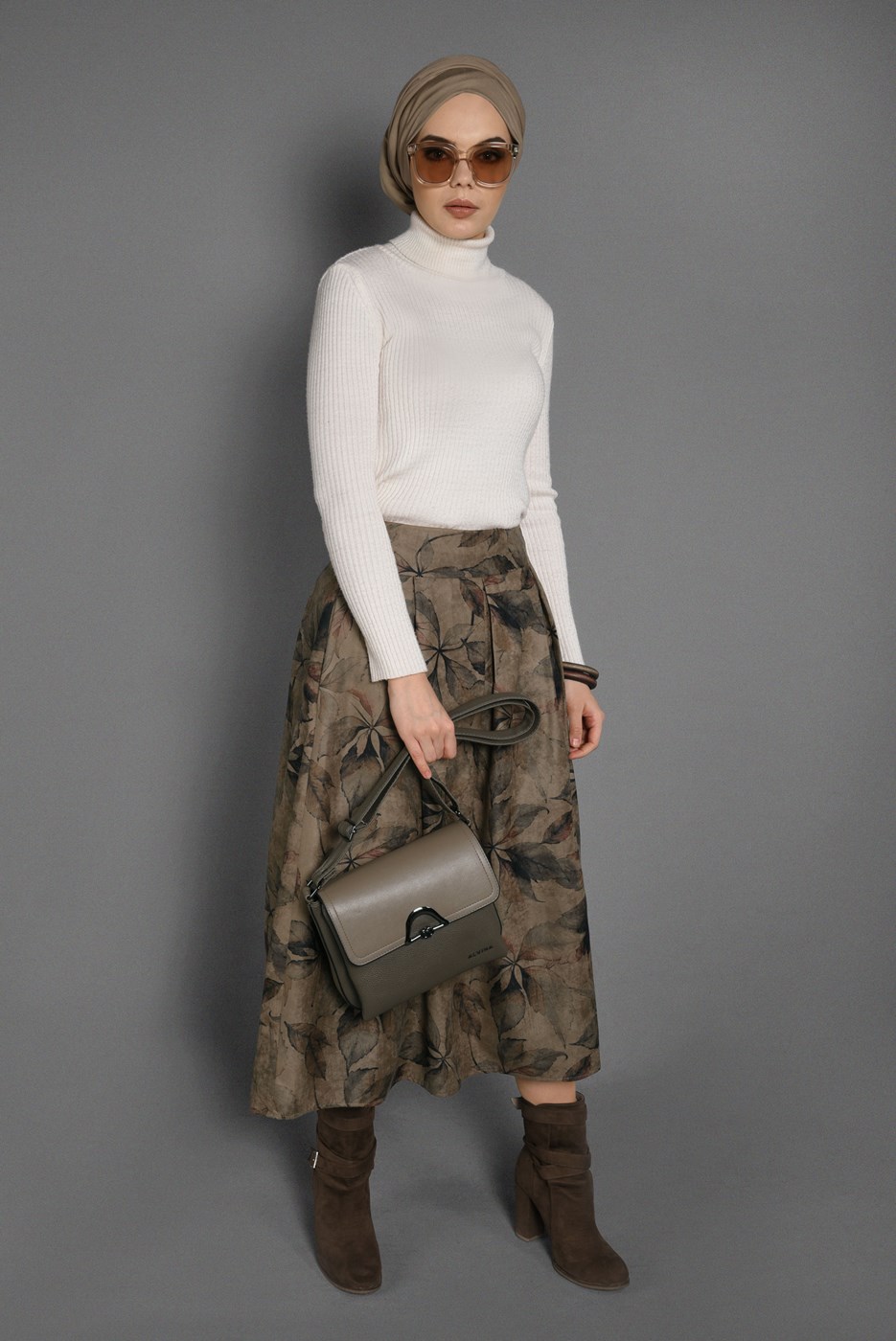 Tesettür giyim KAHVE YAPRAK DESENLİ ETEK 976-5