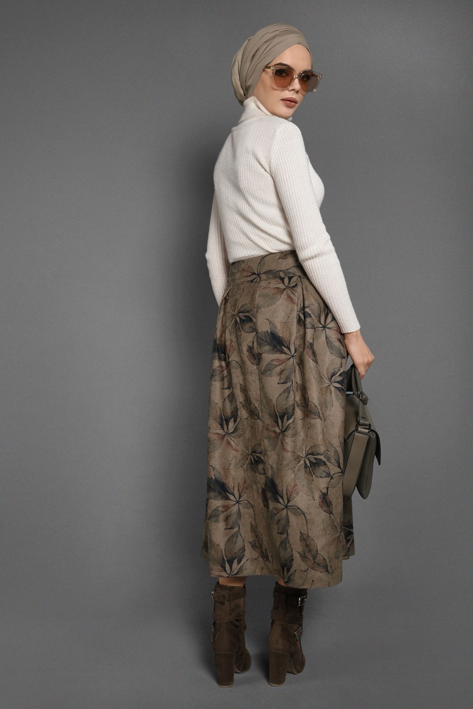Tesettür giyim KAHVE YAPRAK DESENLİ ETEK 976-5