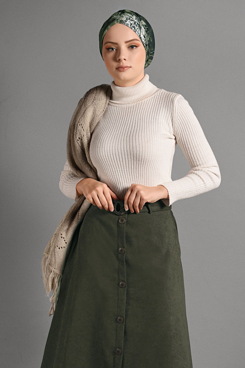 Tesettür giyim HAKİ KEMER DETAYLI SÜET ETEK 018 