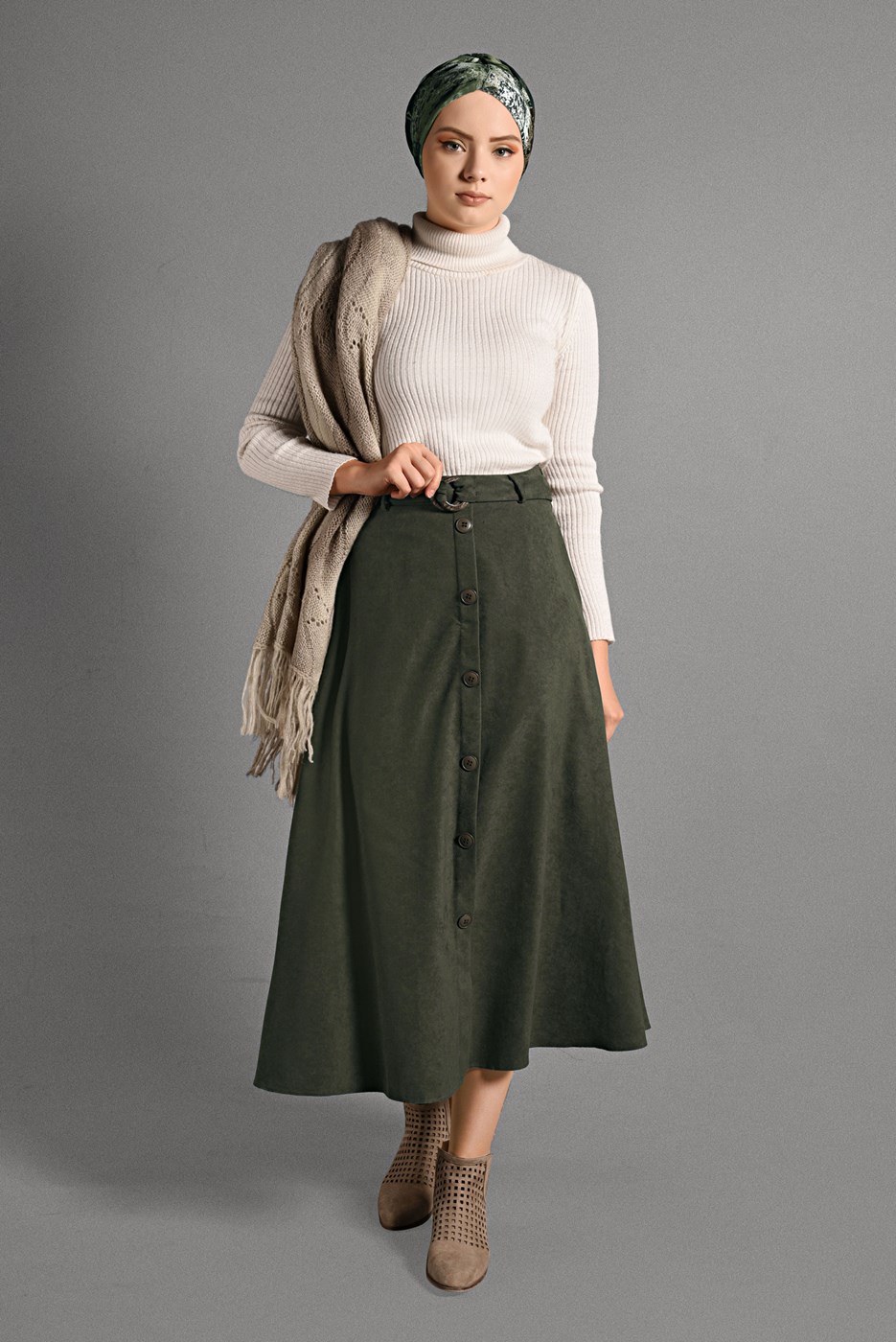 Tesettür giyim HAKİ KEMER DETAYLI SÜET ETEK 018 