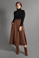 Tesettür giyim KAHVE KEMER DETAYLI SÜET ETEK 018 