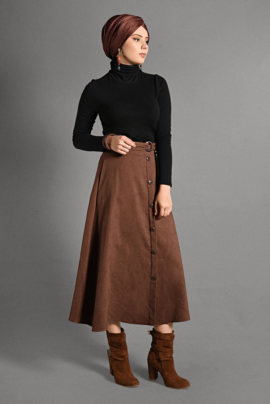 Tesettür giyim KAHVE KEMER DETAYLI SÜET ETEK 018 